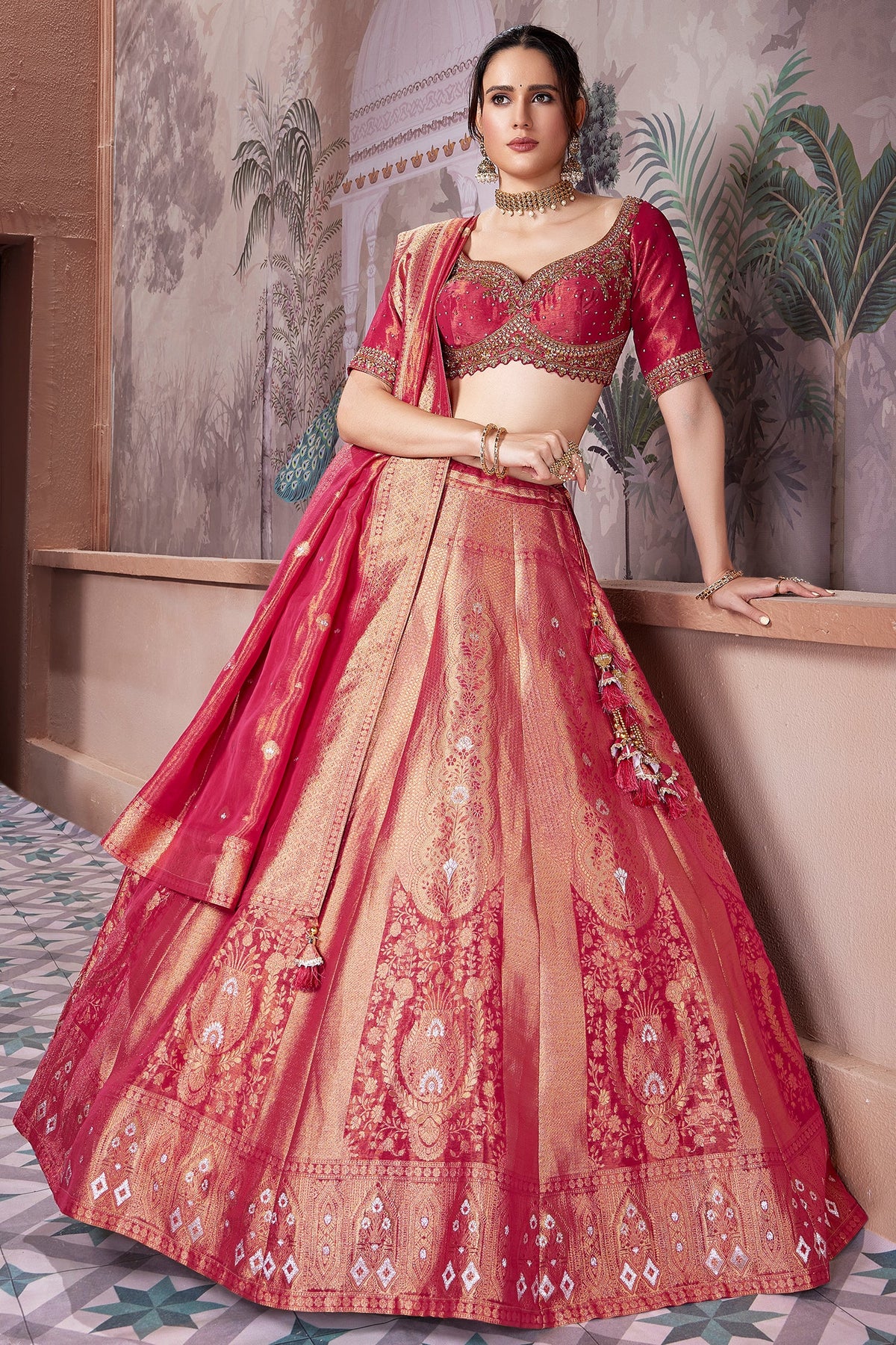 Crimson Pink Banarasi Tissue Silk All Over Woven Lehenga