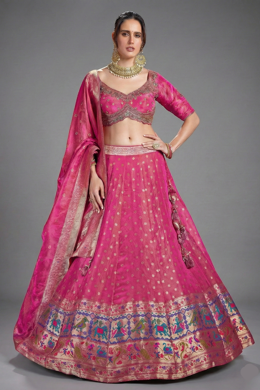 Magenta Pink Tissue Woven Lehenga with Paithani Border - pink saree