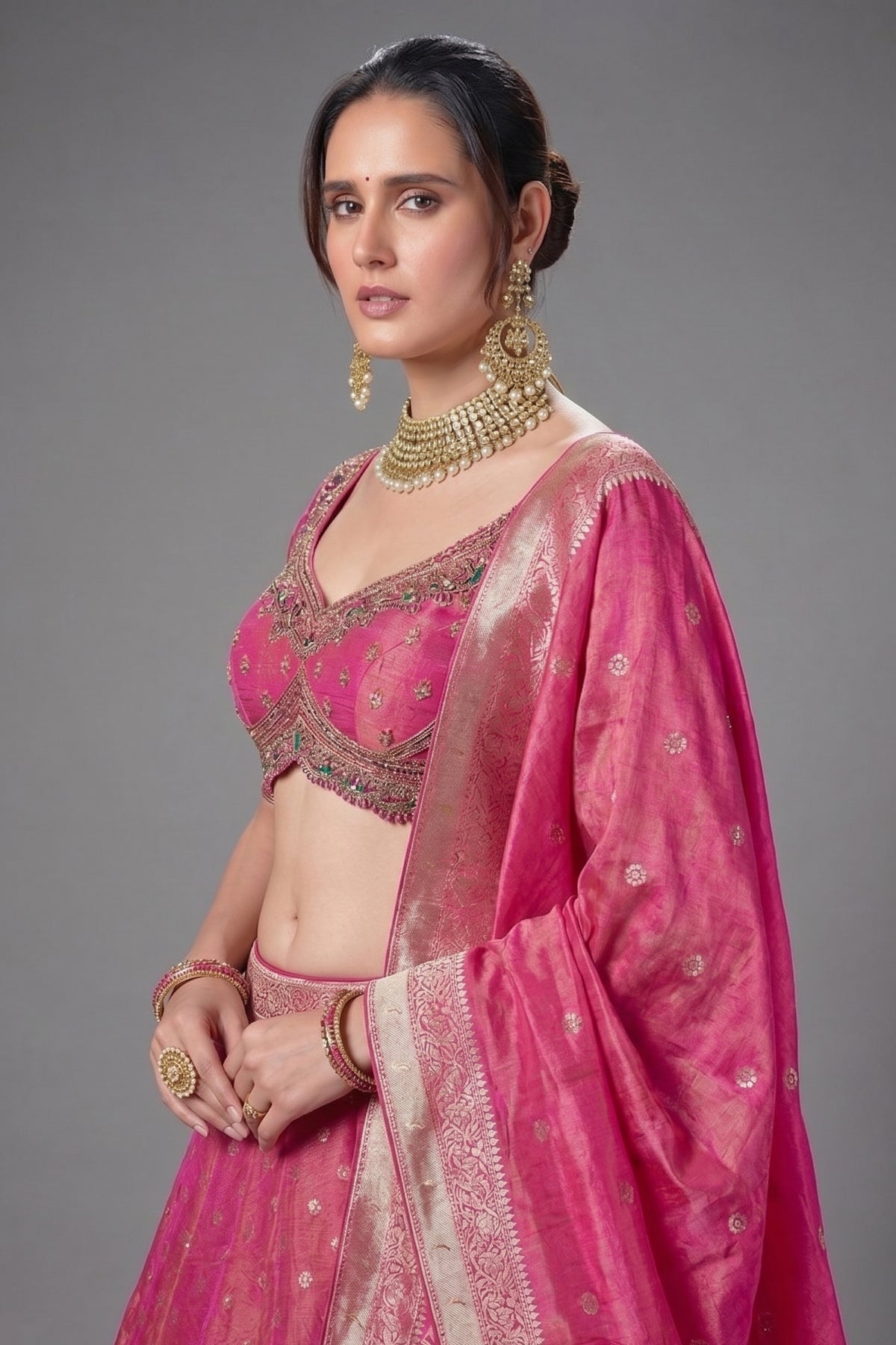 Magenta Pink Tissue Woven Lehenga with Paithani Border - pink saree