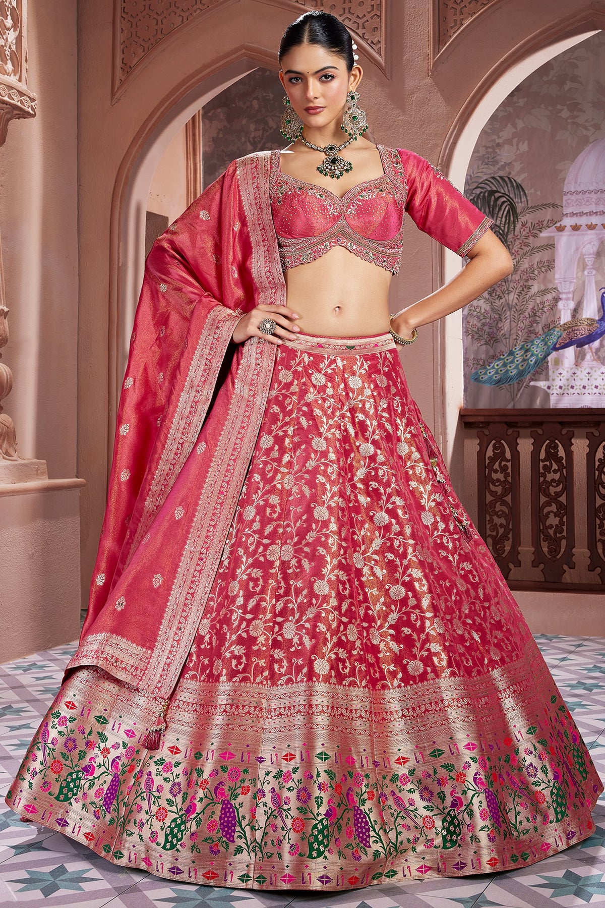Deep Rose Pink Tissue Floral Woven Lehenga with Paithani Border - pink saree