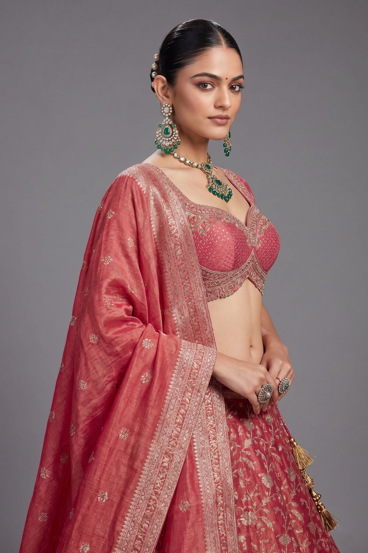 Deep Rose Pink Tissue Floral Woven Lehenga with Paithani Border - pink saree