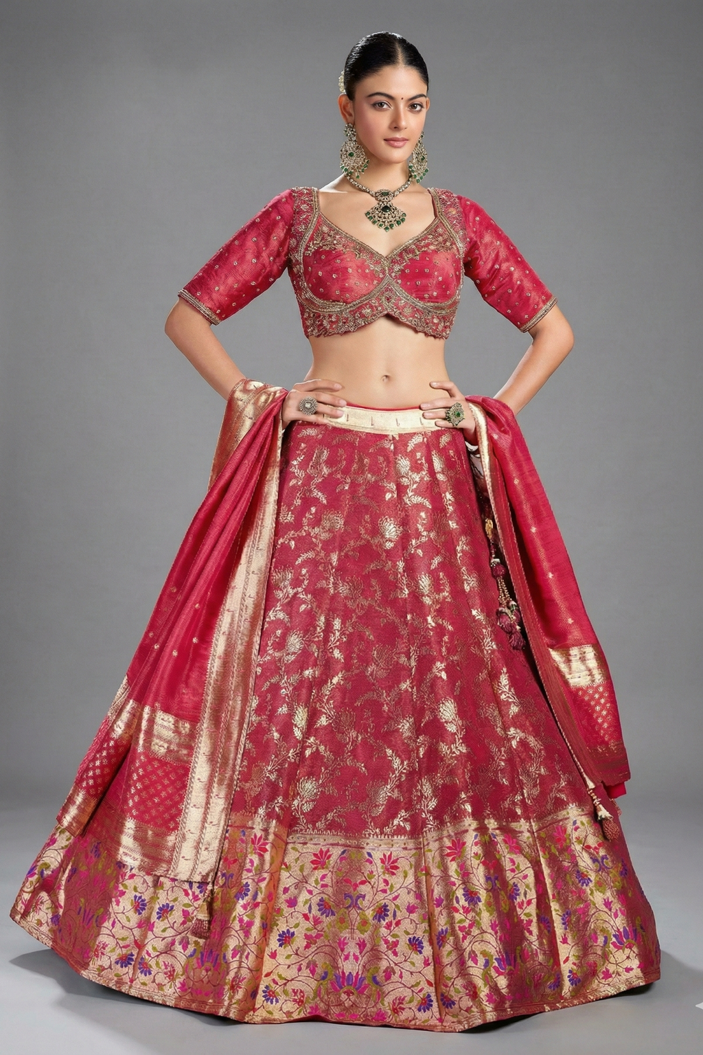 Deep Crimson Red Tissue Silk Floral Woven Jaal Lehenga with Paithani Border - red silk saree