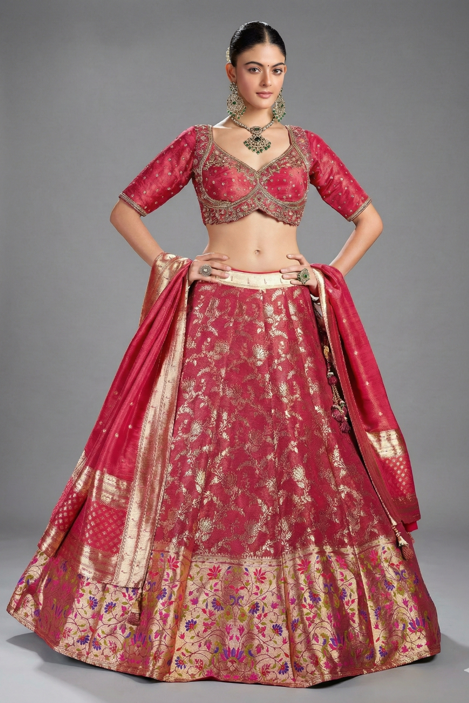 Deep Crimson Red Tissue Silk Floral Woven Jaal Lehenga with Paithani Border - red silk saree