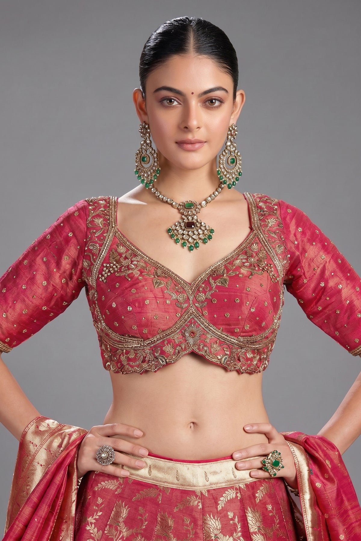 Deep Crimson Red Tissue Silk Floral Woven Jaal Lehenga with Paithani Border - red silk saree