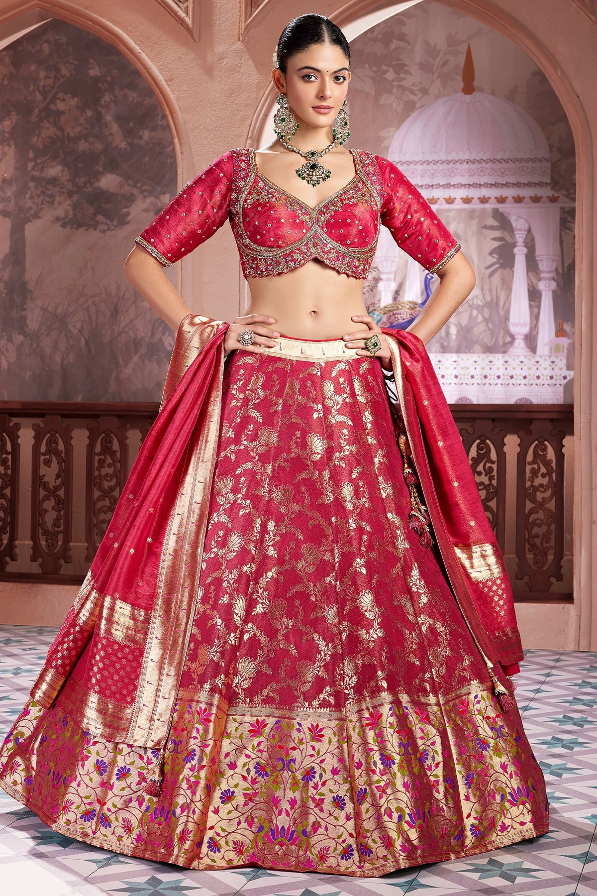 Deep Crimson Red Tissue Silk Floral Woven Jaal Lehenga with Paithani Border - red silk saree
