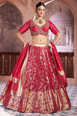 Deep Crimson Red Tissue Silk Floral Woven Jaal Lehenga with Paithani Border