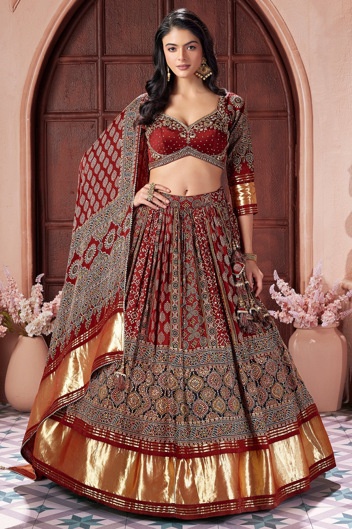 Maroon Gaji Silk Ajrakh Printed Lehenga - maroon silk saree
