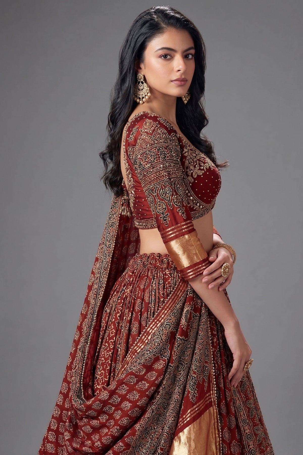 Maroon Gaji Silk Ajrakh Printed Lehenga - maroon silk saree