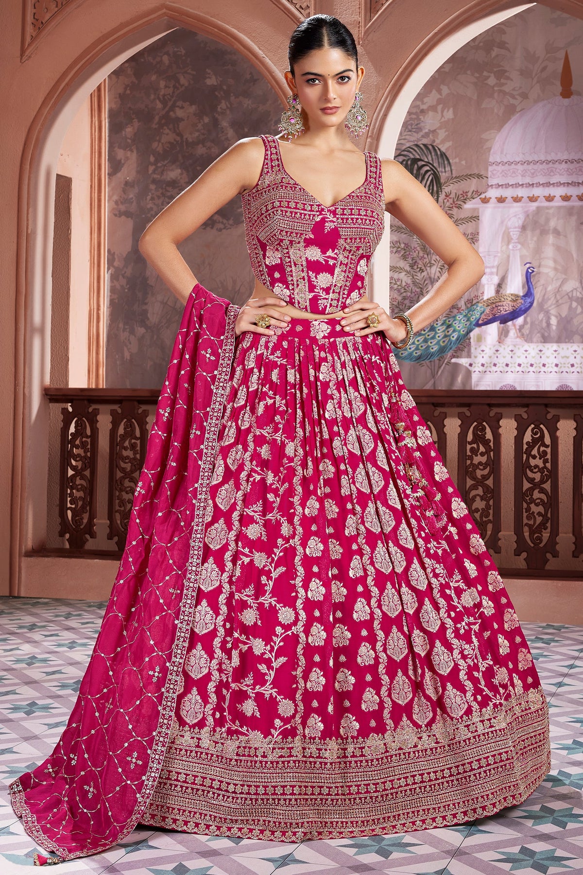 Fuchsia Pink Organza Floral Woven Pleated Lehenga with Corset