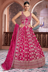 Fuchsia Pink Organza Floral Woven Pleated Lehenga with Corset