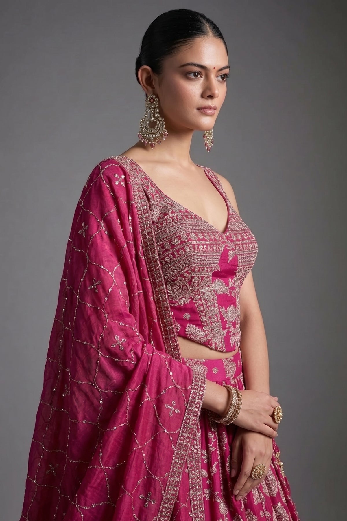 Fuchsia Pink Organza Floral Woven Pleated Lehenga with Corset - pink organza saree