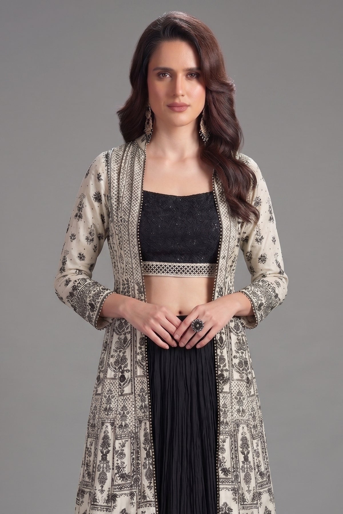 Black Georgette Sequin Beaded Crop Top Lehenga with Jacket - black georgette saree