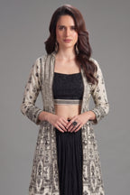 Black Georgette Sequin Beaded Crop Top Lehenga with Jacket - black georgette saree