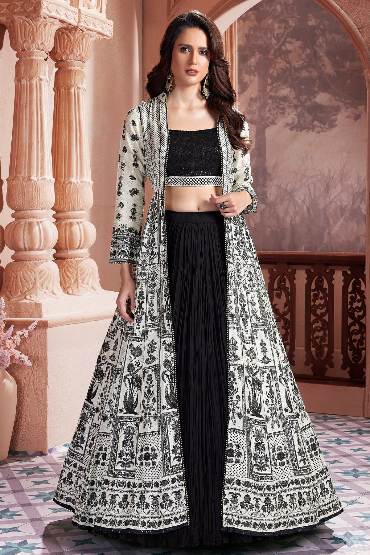 Black Georgette Sequin Beaded Crop Top Lehenga with Jacket - black georgette saree