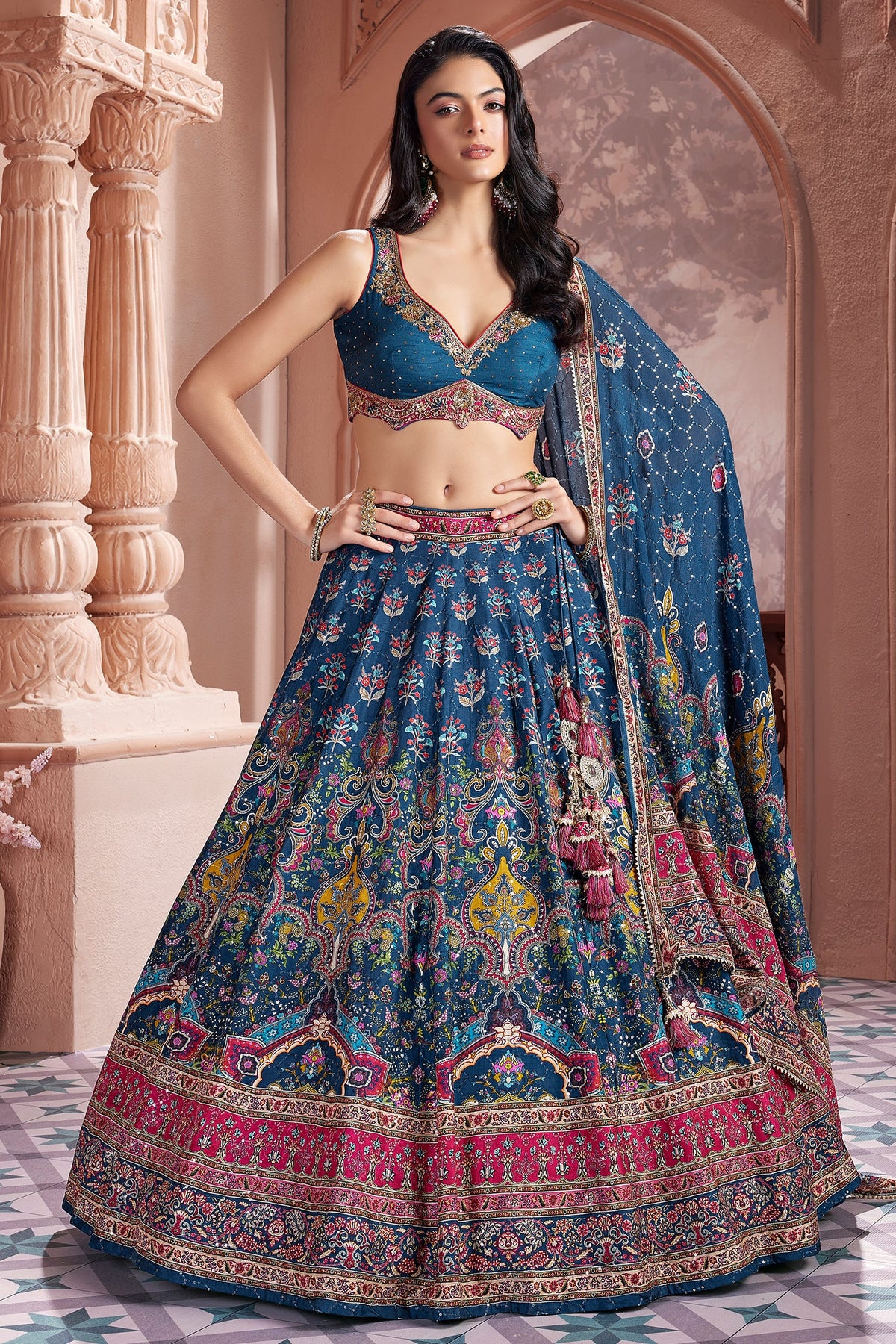 Blue Chiffon Silk Printed Lehenga - blue silk saree