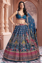 Blue Chiffon Silk Printed Lehenga