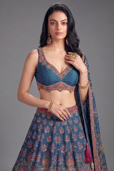Blue Chiffon Silk Printed Lehenga