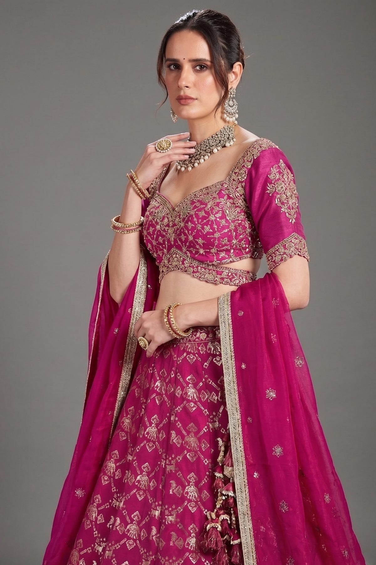 Rani Pink Banarasi Silk All Over Zari Weave Lehenga - pink silk saree zari