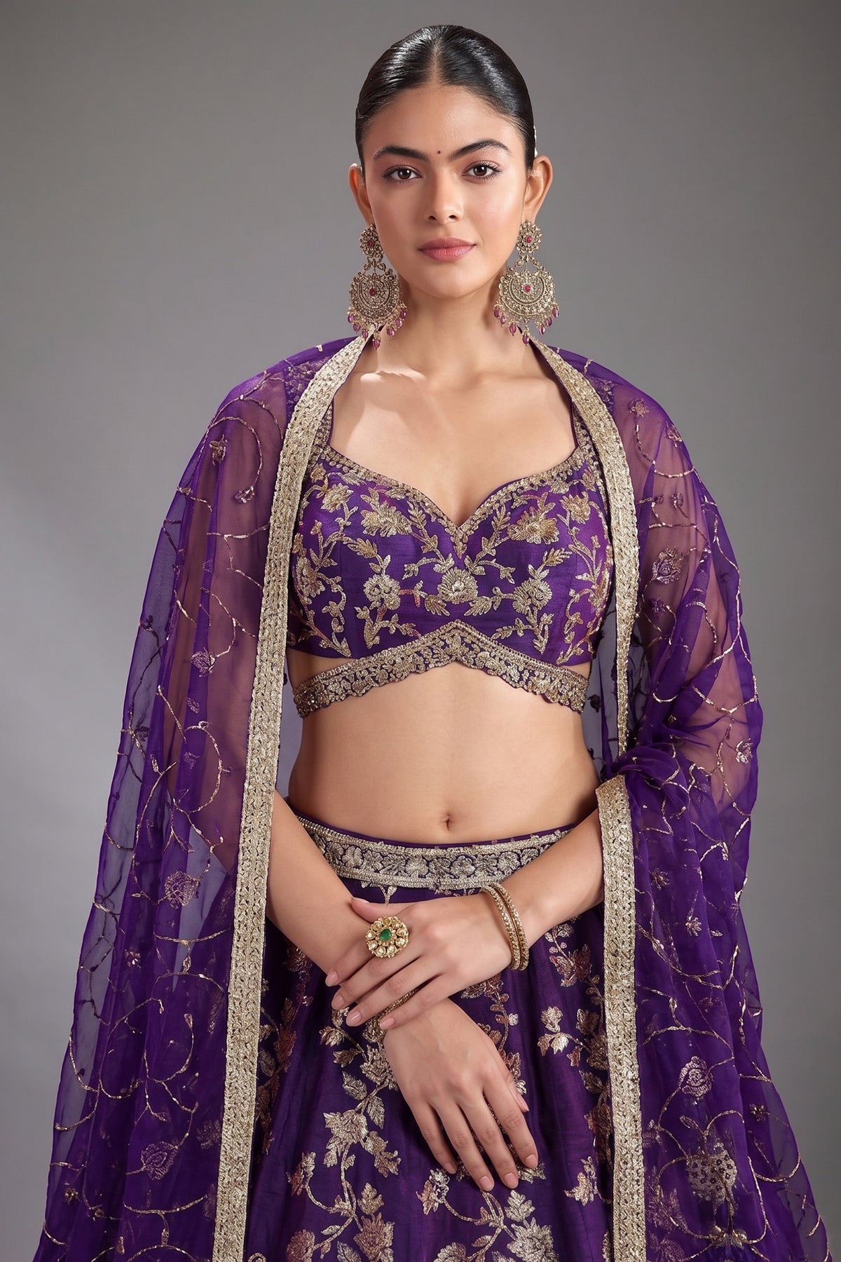 Purple Silk Floral Zari Woven Lehenga - purple silk saree zari