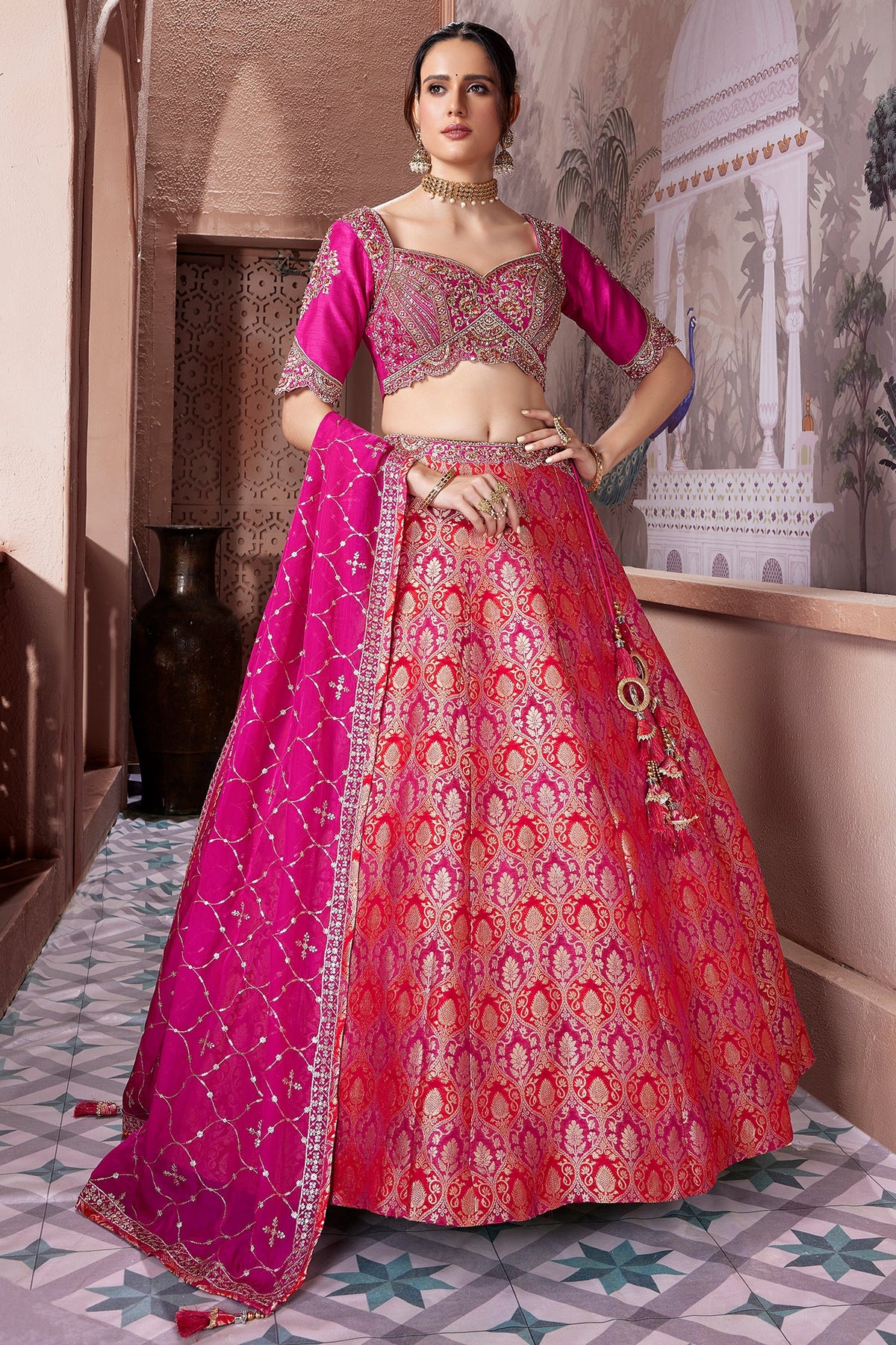 Pink and Red Banarasi Silk All Over Woven Lehenga - red silk saree
