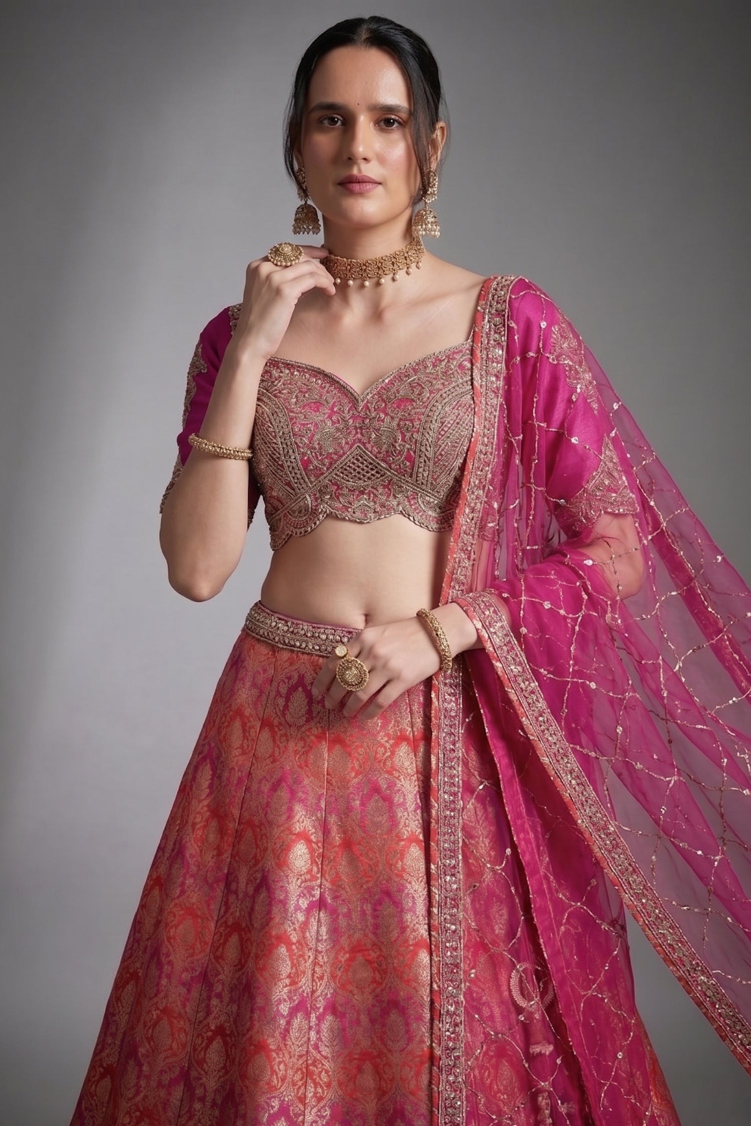 Pink and Red Banarasi Silk All Over Woven Lehenga - red silk saree