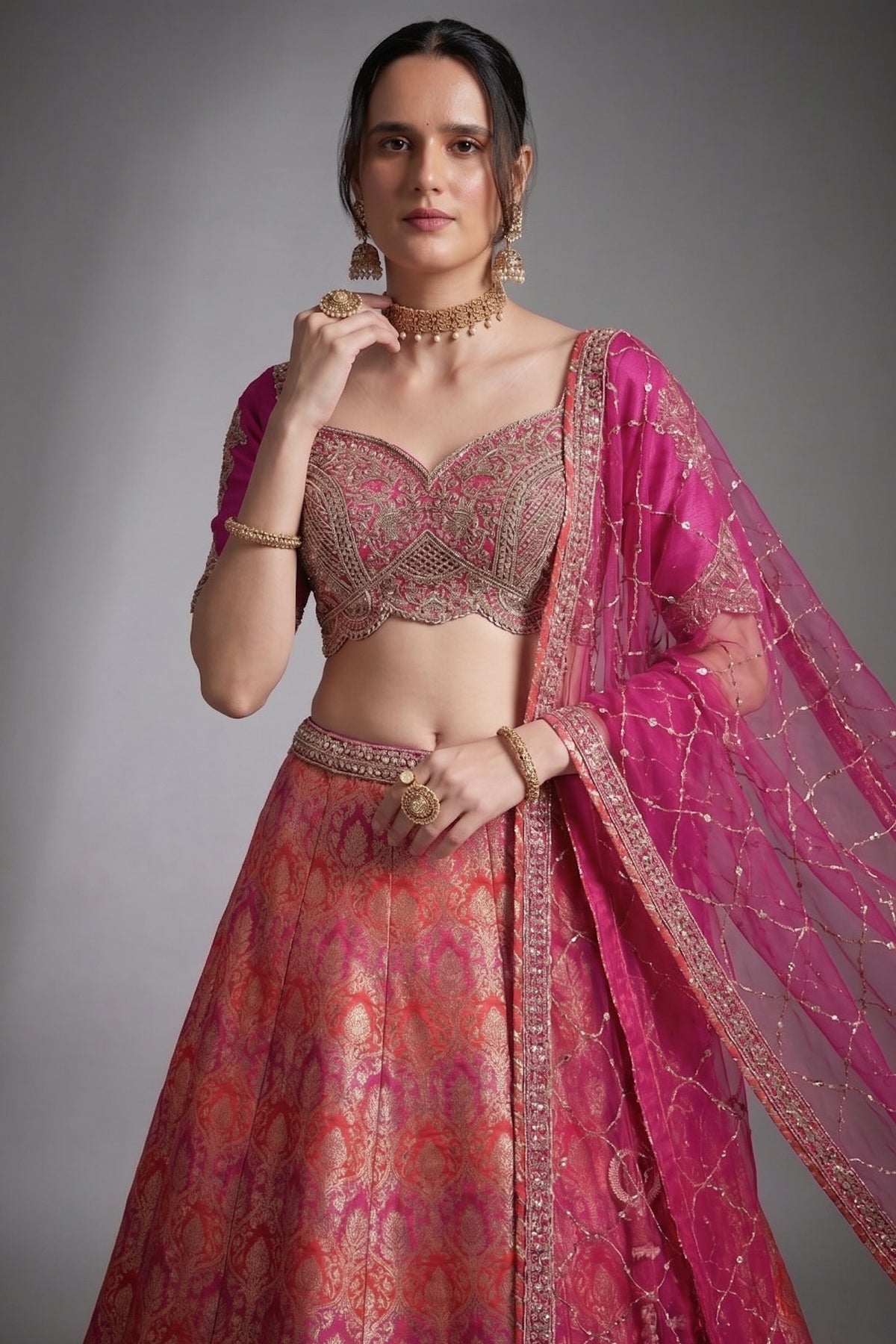 Pink and Red Banarasi Silk All Over Woven Lehenga - red silk saree
