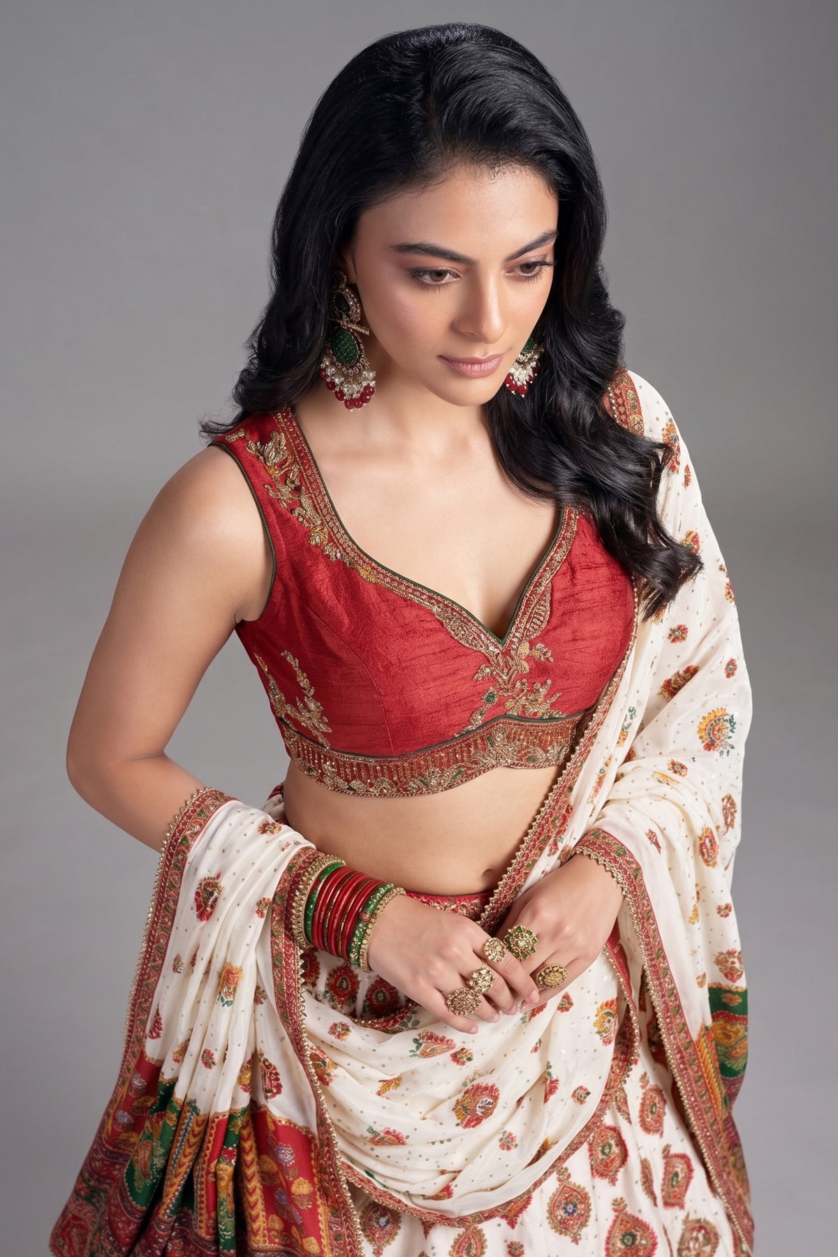 Pearl White and Multi Colored Chiffon Silk Printed Lehenga - red silk saree