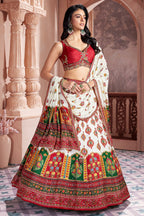 Pearl White and Multi Colored Chiffon Silk Printed Lehenga - red silk saree