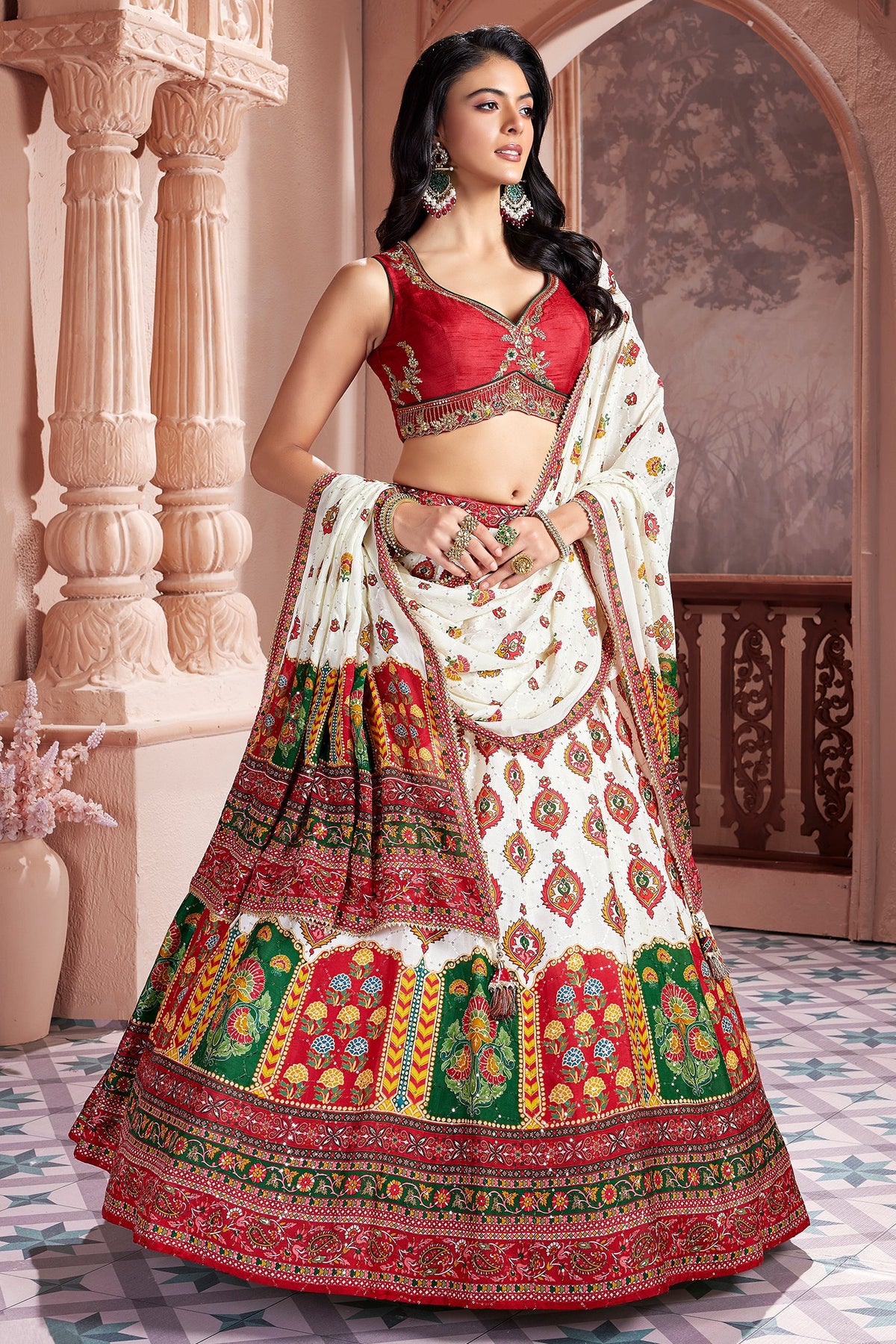 Pearl White and Multi Colored Chiffon Silk Printed Lehenga