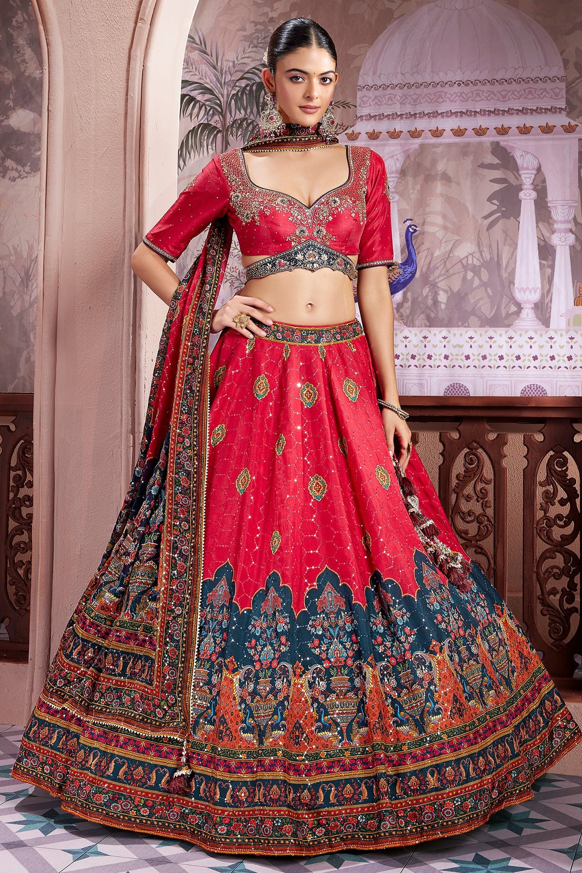 Pink Chiffon Silk Digital Floral Printed Lehenga with Sequins Work - pink silk saree