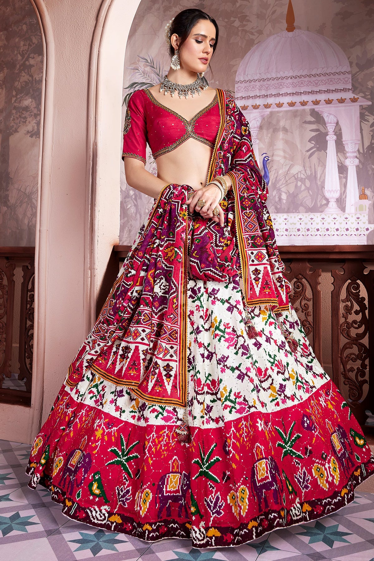 Pearl White and Red Chiffon Silk Ikkat Patola Printed Lehenga with Contrast Border - red silk saree patola