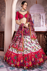 Pearl White and Red Chiffon Silk Ikkat Patola Printed Lehenga with Contrast Border