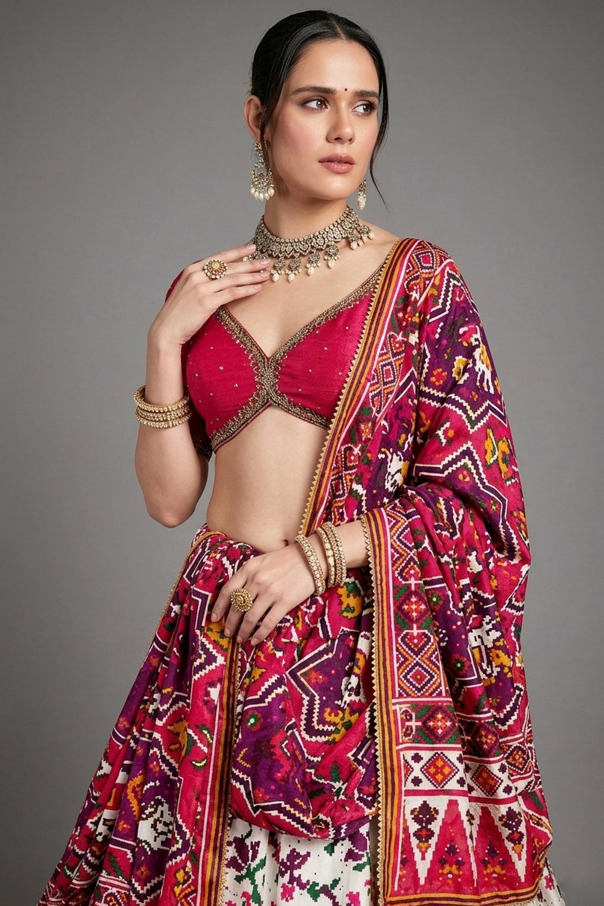 Pearl White and Red Chiffon Silk Ikkat Patola Printed Lehenga with Contrast Border - red silk saree patola