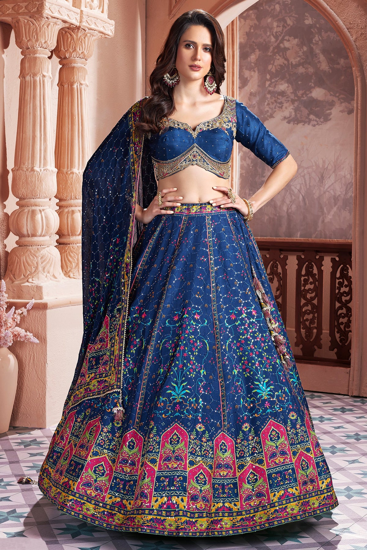 Blue Chiffon Silk Digital Printed Lehenga with Sequins Work - blue silk saree