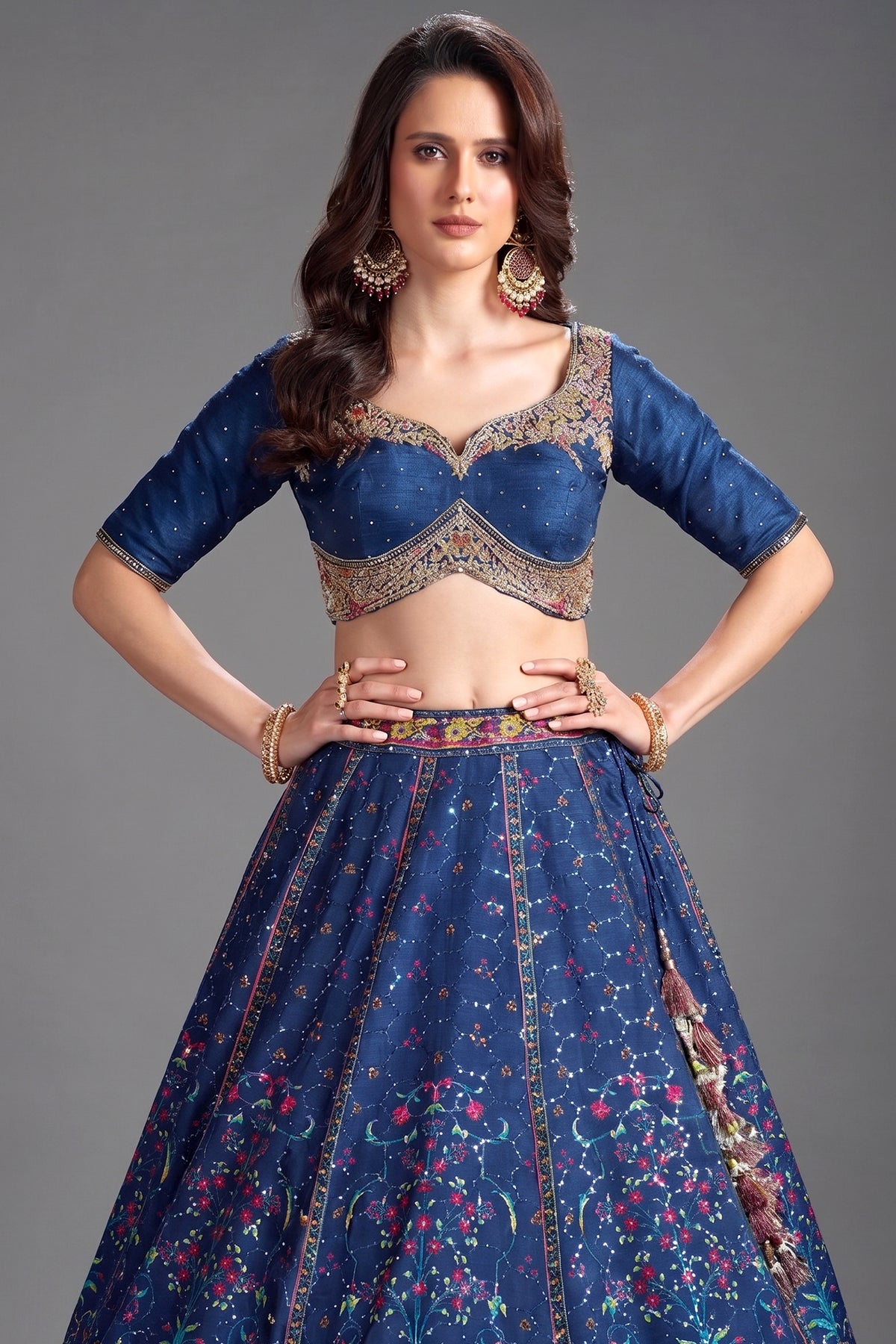 Blue Chiffon Silk Digital Printed Lehenga with Sequins Work - blue silk saree