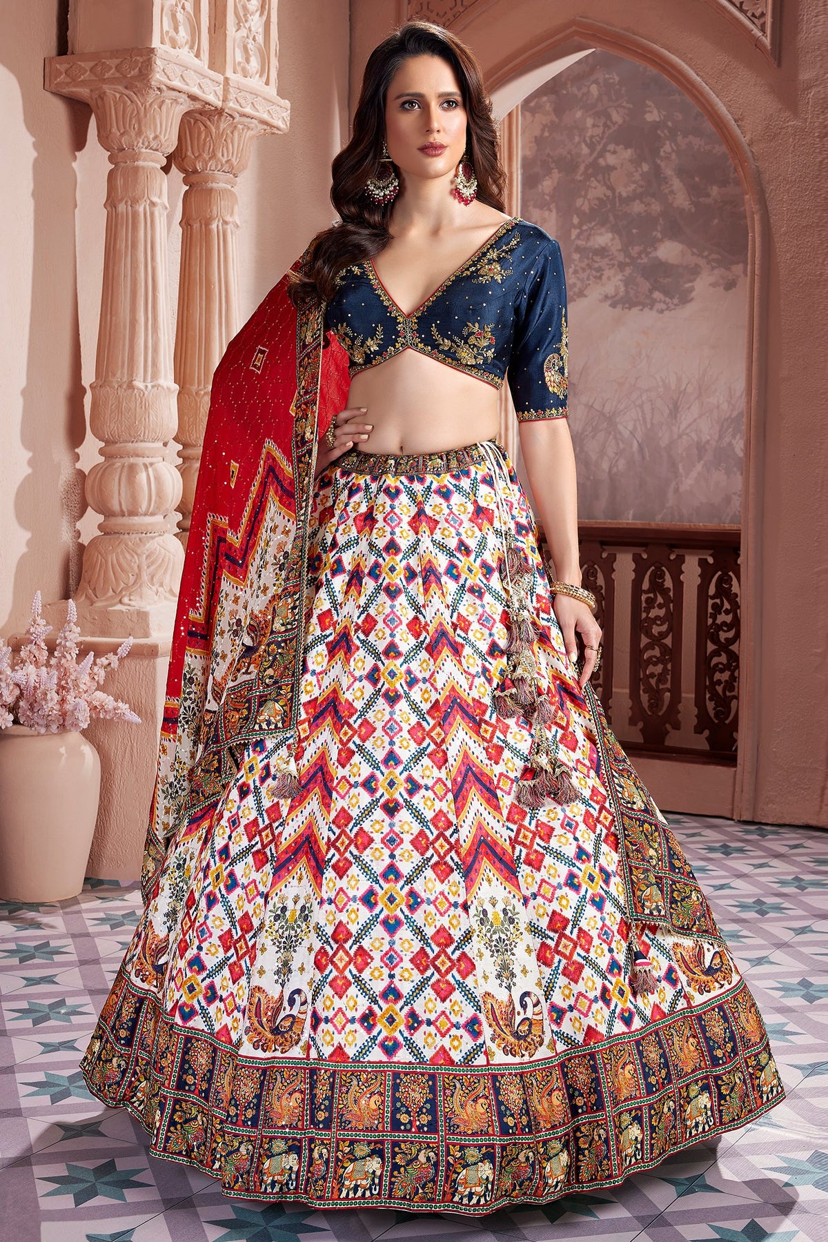 Pearl White Chiffon Silk Printed Lehenga with Sequins Work - white silk saree