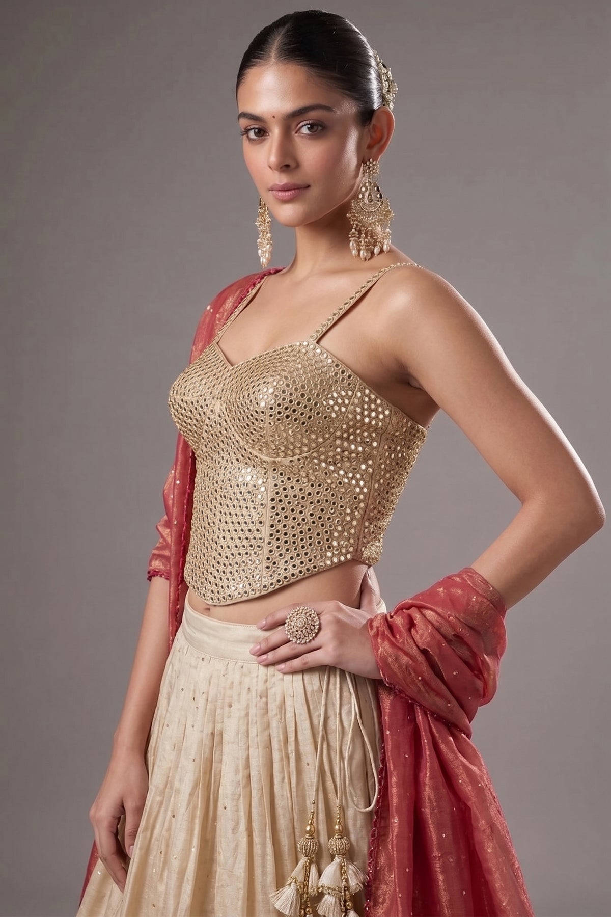 Cream Tissue Woven Pleated Lehenga with Mirror Work Corset - cream saree