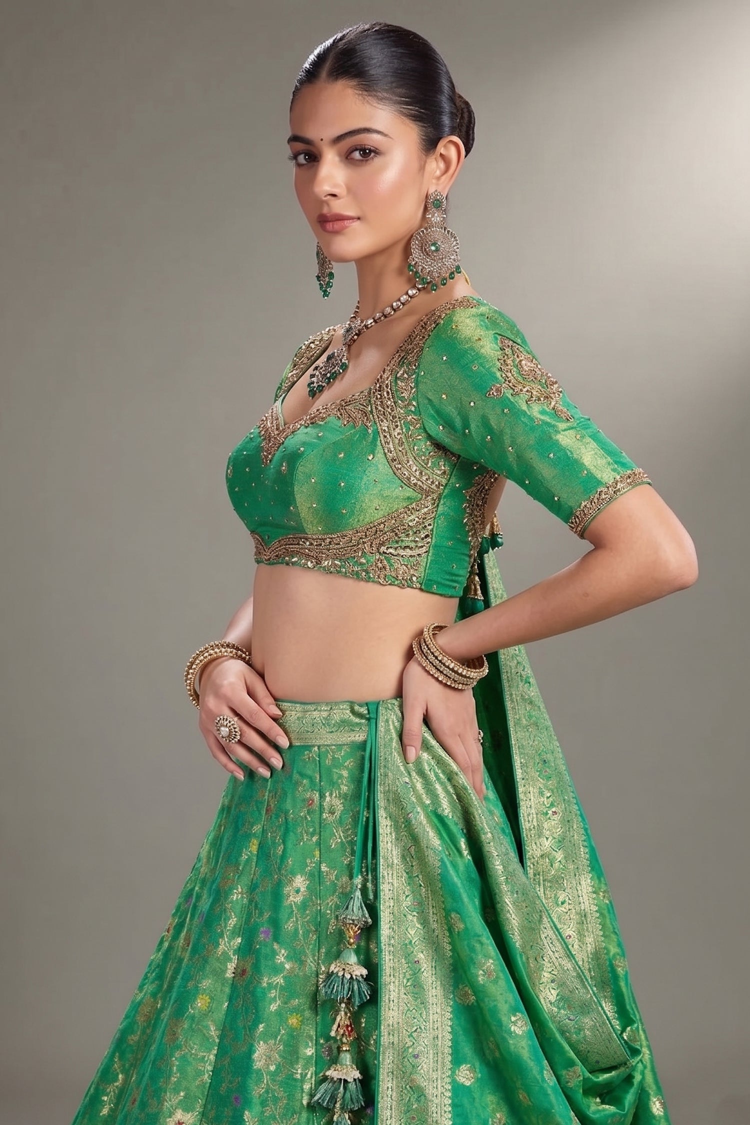 Jade Green Tissue Silk Floral Woven Lehenga - green silk saree
