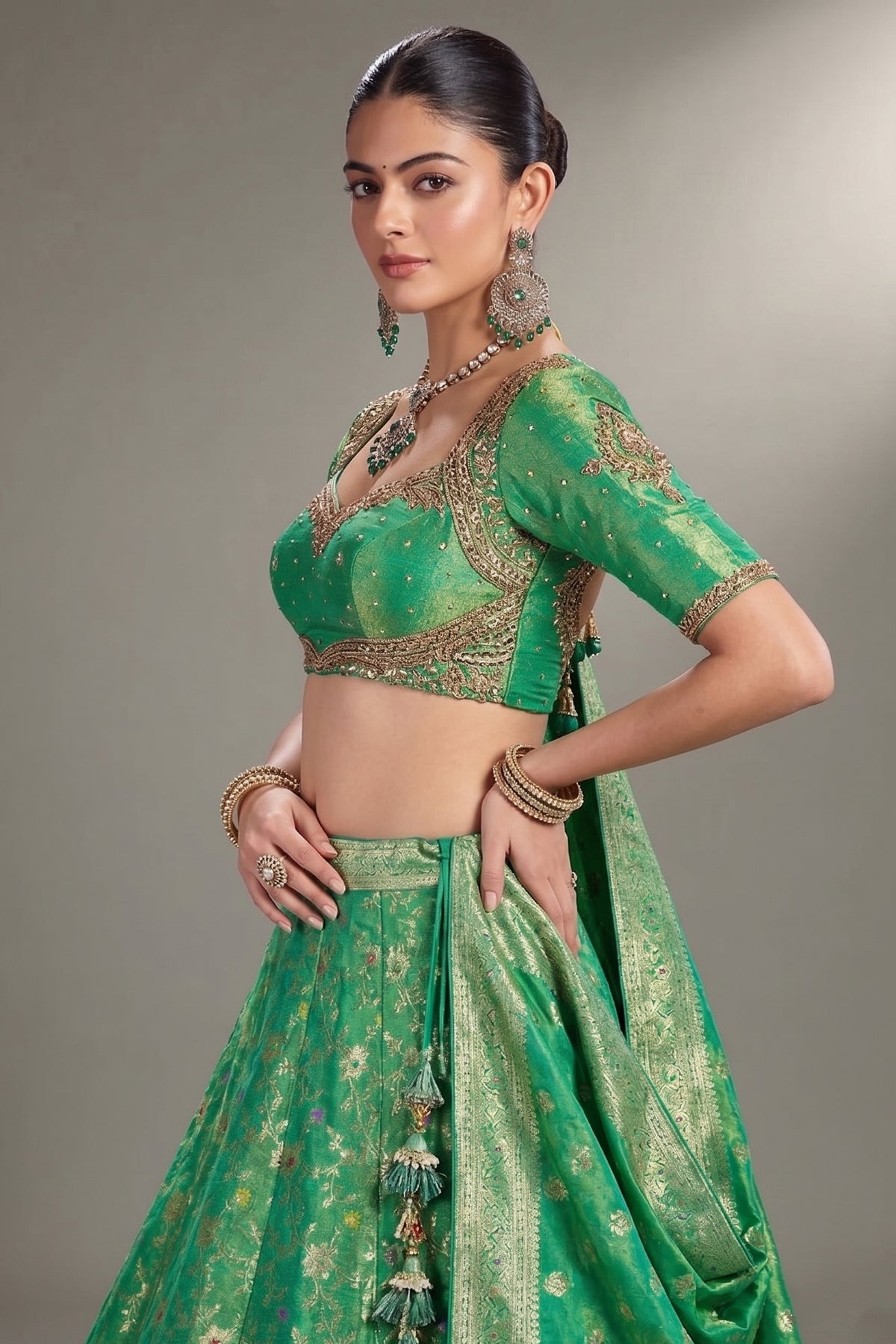 Jade Green Tissue Silk Floral Woven Lehenga - green silk saree