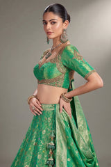 Jade Green Tissue Silk Floral Woven Lehenga - green silk saree