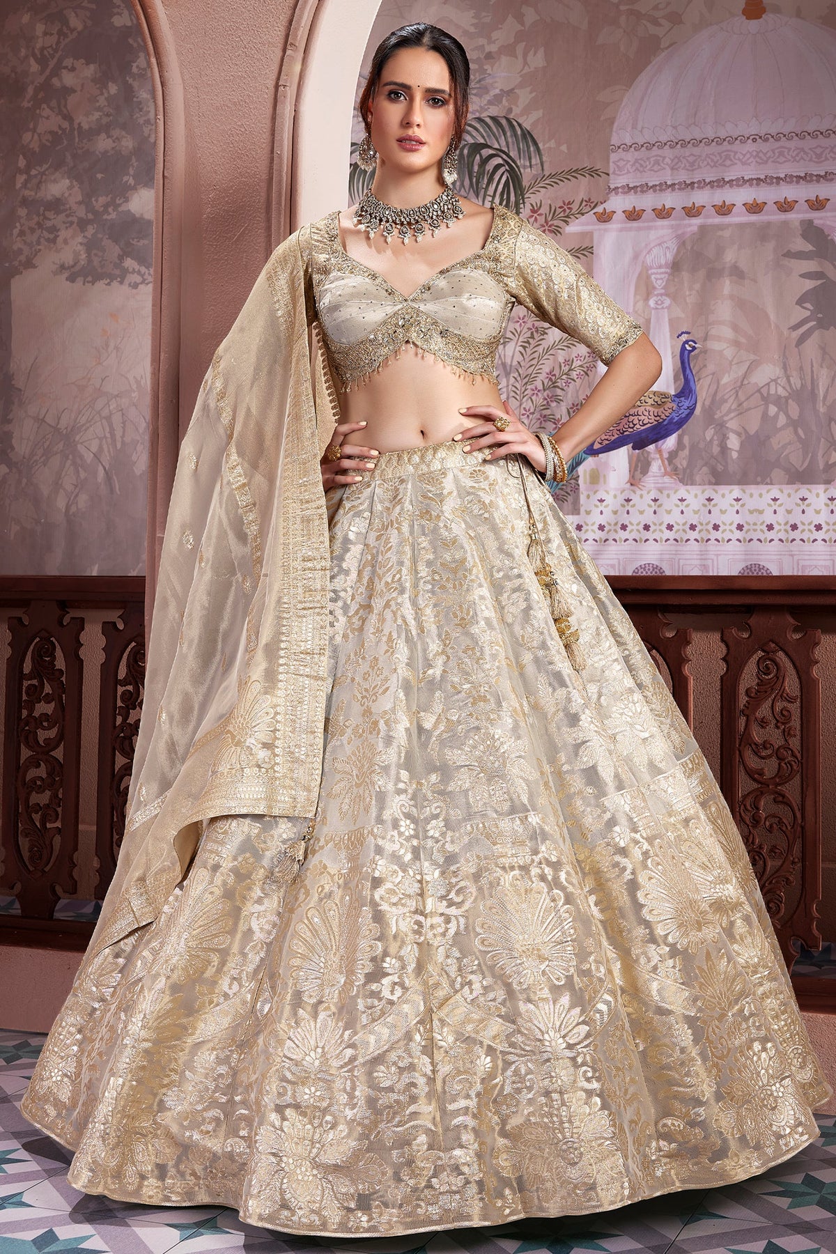 Ivory White and Golden Tissue Silk Floral Woven Lehenga