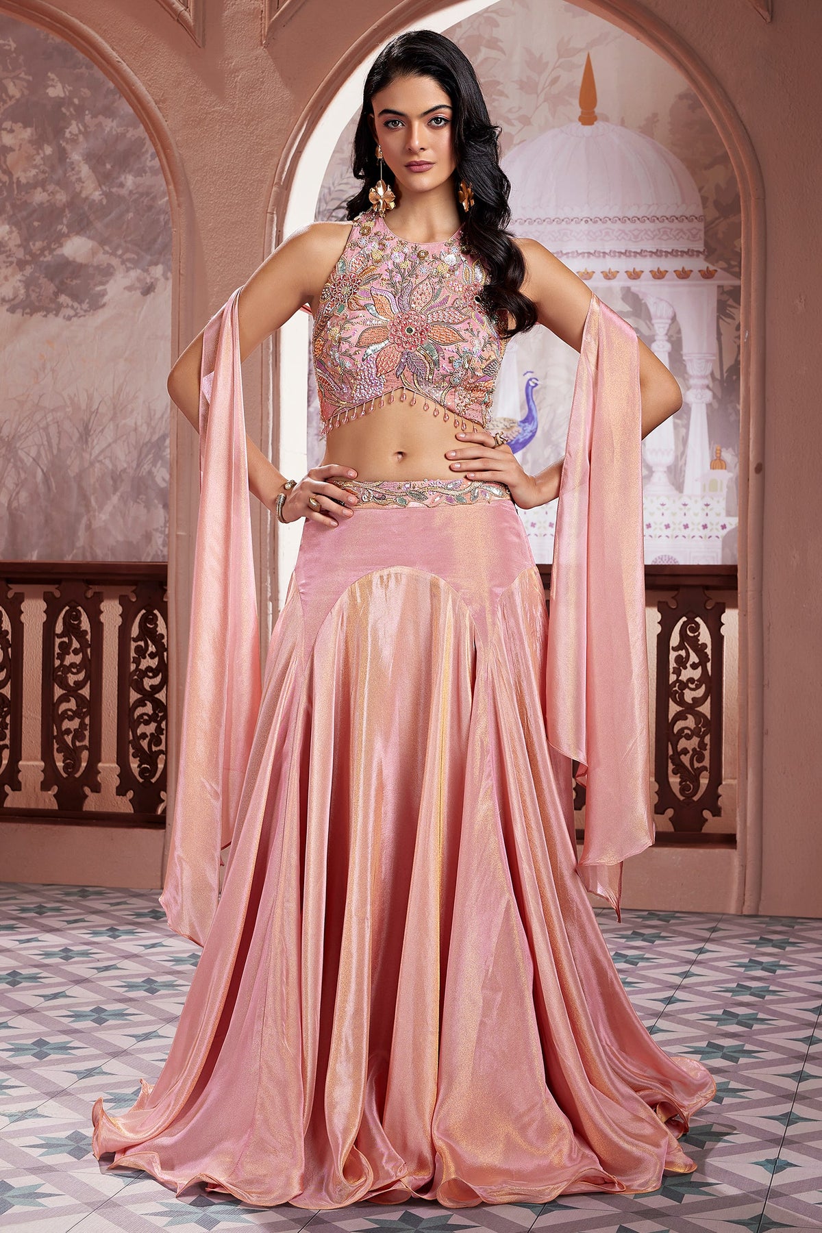Rose Pink Tissue Mermaid Cut Lehenga with Sequin Cutdana Worked Blouse