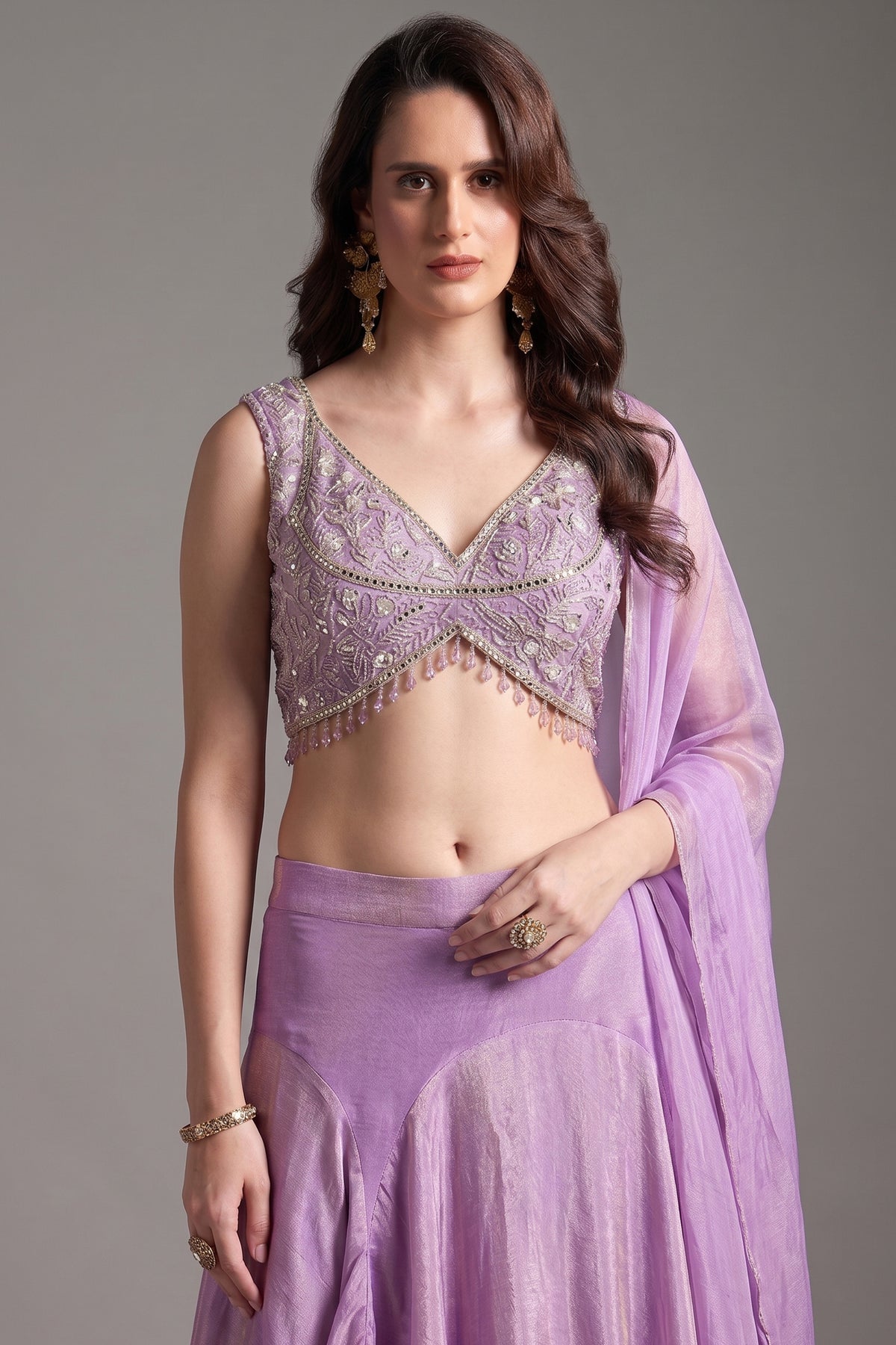 Mauve Purple Tissue Silk Mermaid Cut Lehenga with Beaded and Sequin Work - purple silk saree