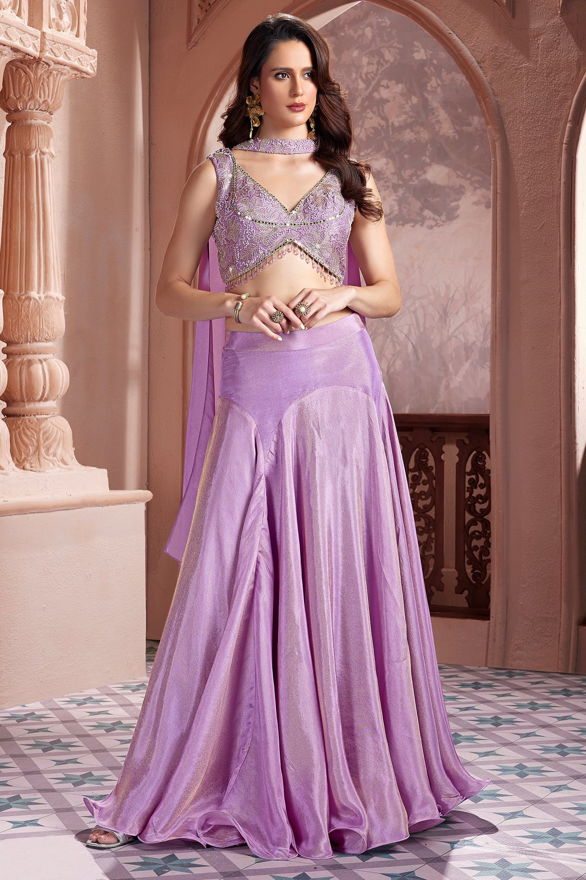 Mauve Purple Tissue Silk Mermaid Cut Lehenga with Beaded and Sequin Work - purple silk saree