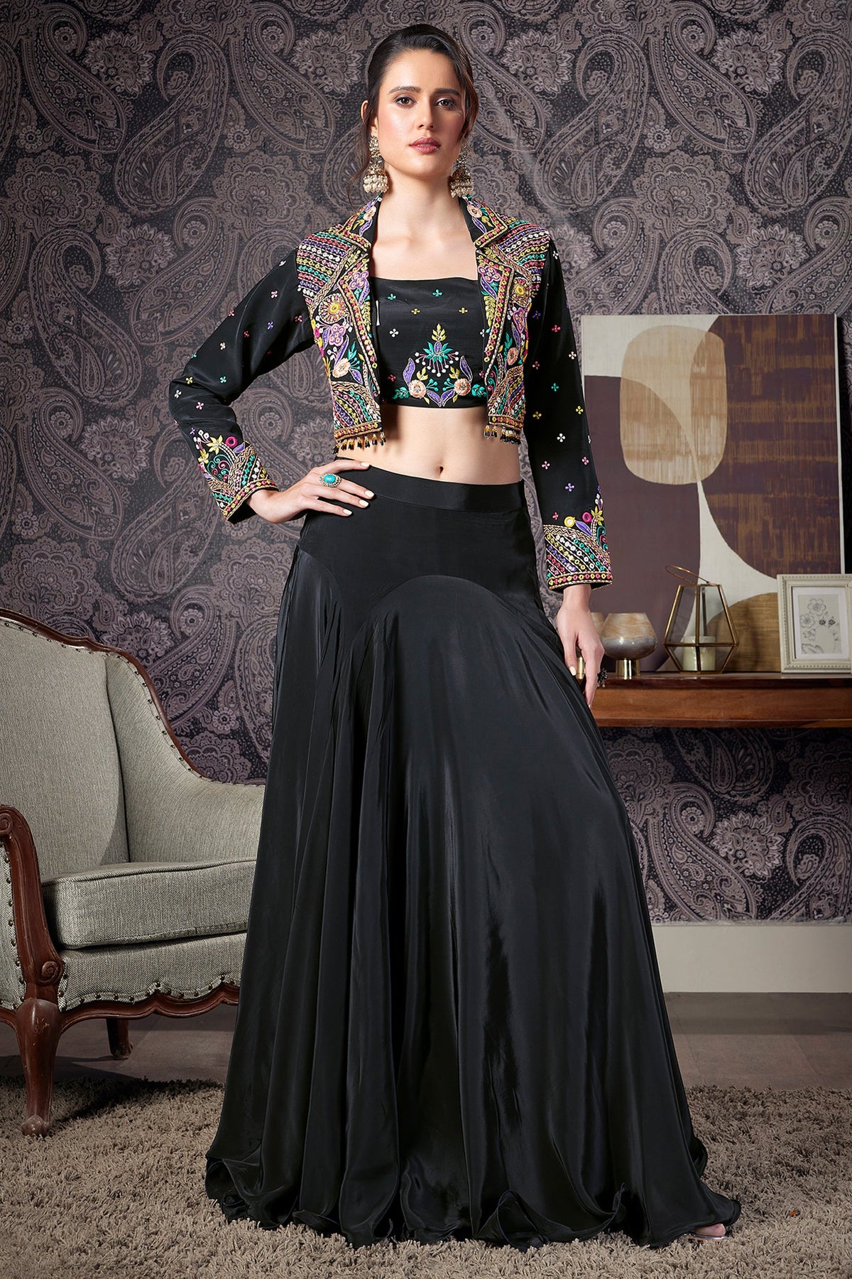 Black Crepe Silk Embroidered Crop Top with Mermaid Cut Lehenga and Jacket - red silk saree embroidered