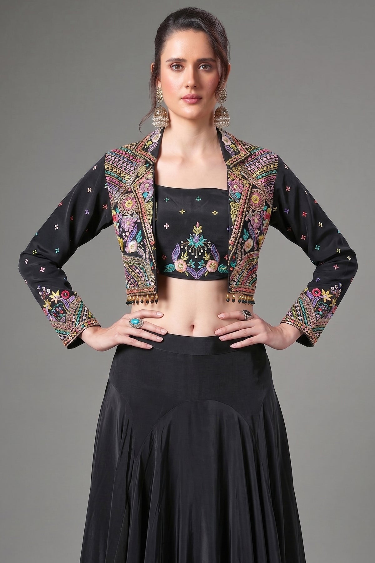 Black Crepe Silk Embroidered Crop Top with Mermaid Cut Lehenga and Jacket - red silk saree embroidered