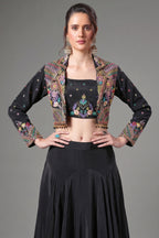 Black Crepe Silk Embroidered Crop Top with Mermaid Cut Lehenga and Jacket - red silk saree embroidered