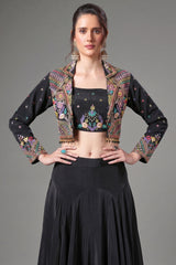 Black Crepe Silk Embroidered Crop Top with Mermaid Cut Lehenga and Jacket - red silk saree embroidered