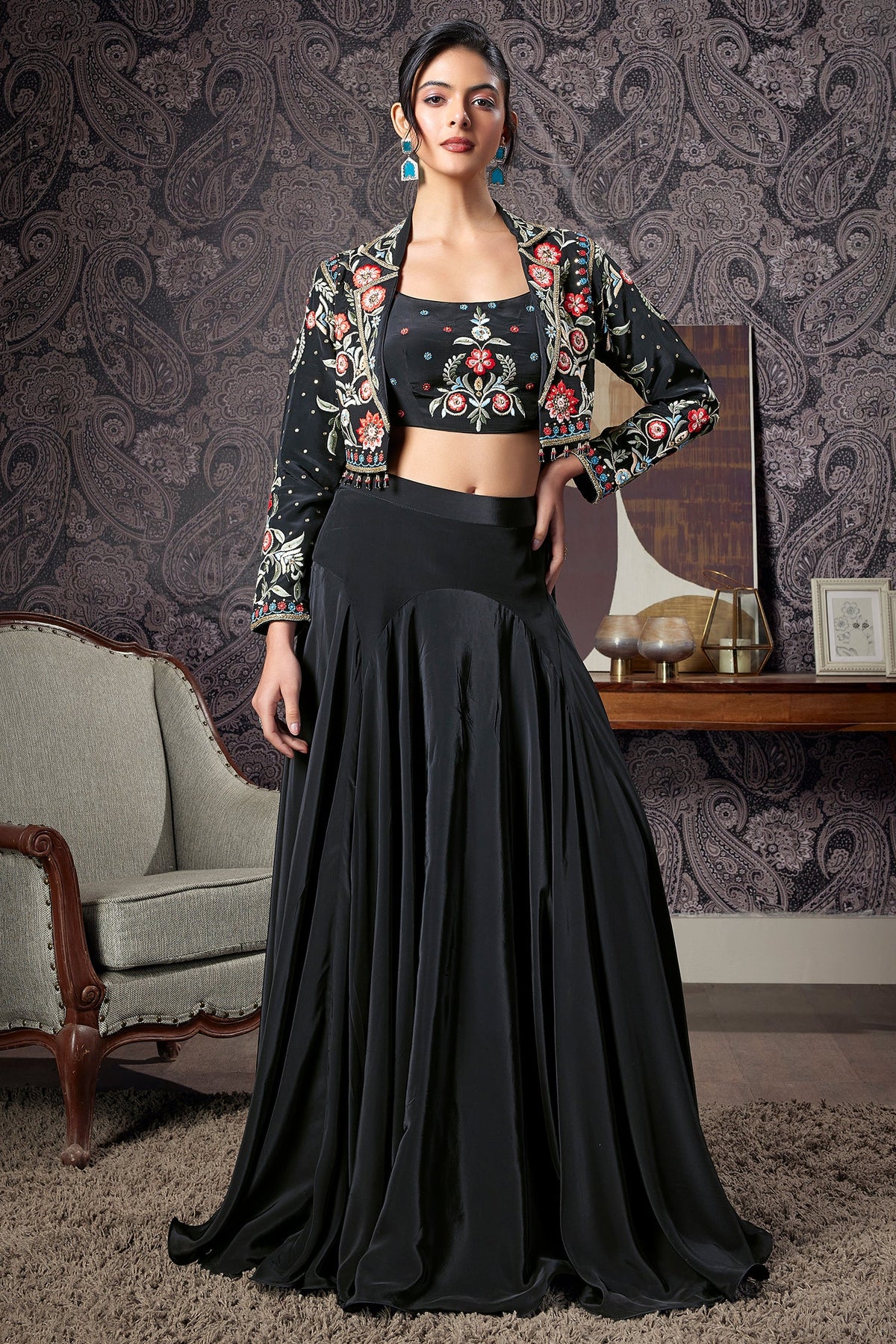 Black Crepe Silk Floral Embroidered Crop Top with Mermaid Cut Lehenga and Jacket - red silk saree embroidered