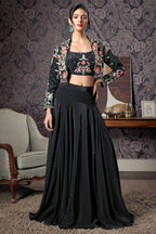 Black Crepe Silk Floral Embroidered Crop Top with Mermaid Cut Lehenga and Jacket - red silk saree embroidered